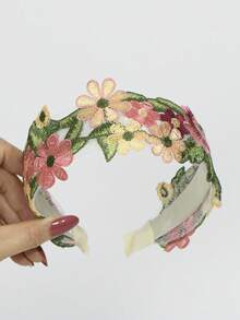 女士优雅刺绣条纹花卉头带（套装），波西米亚休闲涤纶百搭日常佩戴发饰，发箍 - 黃色 - 查看 7