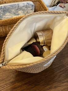 1 pieza Bolsa de maquillaje tejida - Bolsa cuadrada con cremallera de moda bohemia, bolsa floral para mujer (simple y de moda) Esenciales universitarios de otoño, esenciales de viaje para vacaciones, bolsa de viaje para mujer, organizador de maquillaje