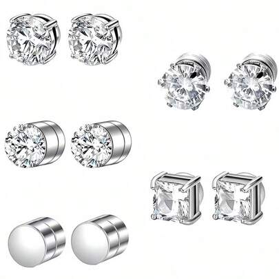 5 pares de pendientes magnéticos de acero inoxidable para hombres y mujeres, pendientes de botón magnéticos de acero inoxidable sin perforación de doble cara, juego de combinación de pendientes para parejas con circonita cúbica hipoalergénica