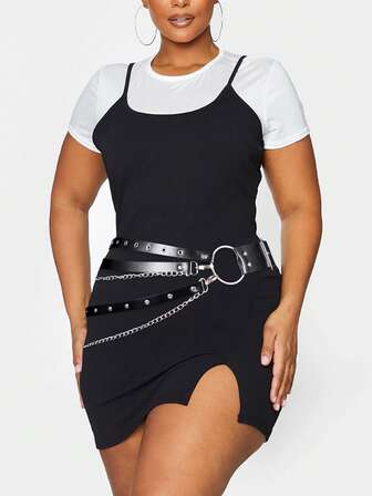 1pc Women's Plus Size Sexy Black Waist Belt Chain, Gothic Style Waist Cincher With Studs & Tassels, Suitable For Everyday, Commute, Music Festivals, Halloween Parties, And Celebrations