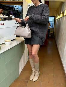 女士新款秋冬圆领扭纹罗纹长袖针织毛衣宽松街头休闲风百搭毛衣套头衫 - 黑色 - 查看 1