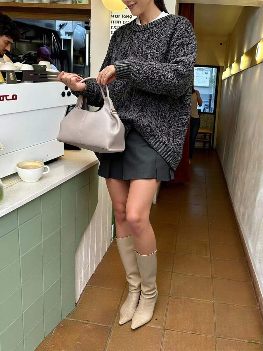 女士新款秋冬圆领扭纹罗纹长袖针织毛衣宽松街头休闲风百搭毛衣套头衫 - 黑色 - 查看 1