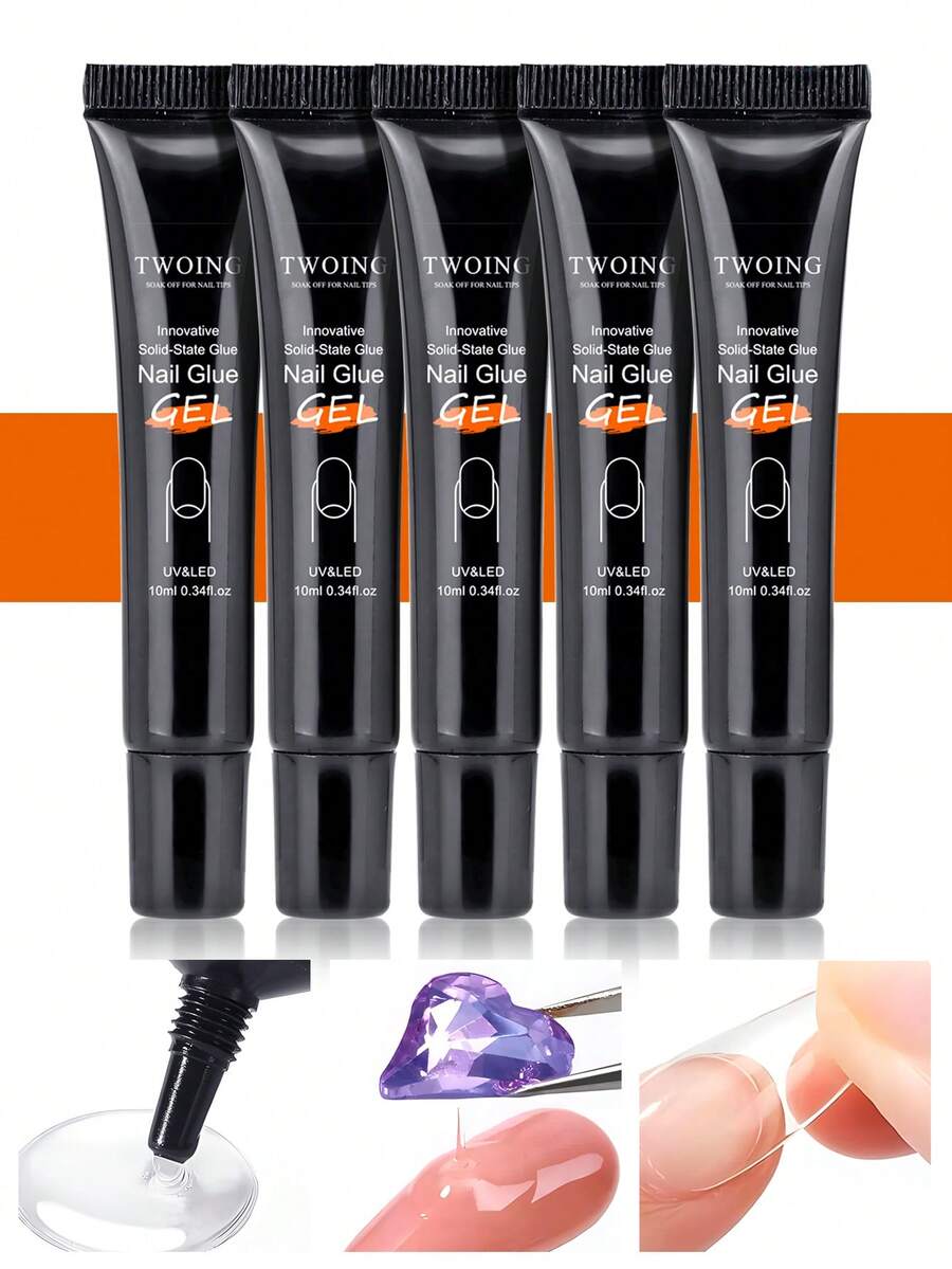 TWOING 5 Bottles Set Solid Nail Glue Gel – 3-In-1 Nail Adhesive For Press-On Nails, Nail Tips & Fake Nails, Super Strong, Long-Lasting, Easy To Use, Need UV-Cured - Clear - View 1