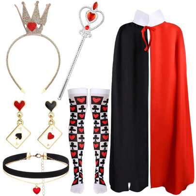 3/4PCS Red Queen Cape Cloak For Women Queen Robe Custome Kit Crown Heart Wand For Halloween Christmas Carnival World Book Day Party Cosplay Costume