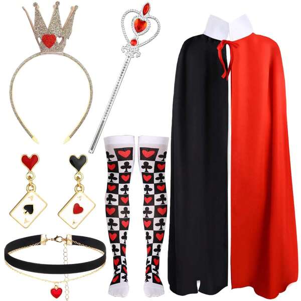 3/4PCS Red Queen Cape Cloak For Women Queen Robe Custome Kit Crown Heart Wand For Halloween Christmas Carnival World Book Day Party Cosplay Costume