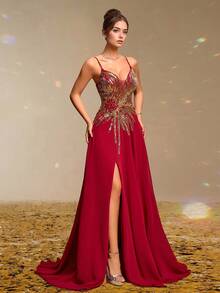 Red Gold Sequin Spaghetti Strap Evening Gown With High Slit, Sexy Prom Dress For Women, Elegant Formal Maxi Dress, Glamorous Gala Gown, Beaded Sleeveless Party Dress, Luxury Slim Fit Red Carpet Dress