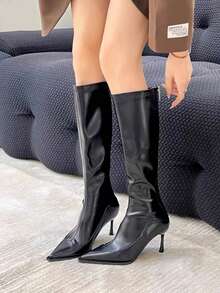 Giày bốt cao đến đầu gối dáng ôm, mũi nhọn phong cách Châu Âu & Mỹ dành cho nữ, bốt cao cổ gót mỏng, cổ cao, có khóa kéo phía sau, Thu/Đông 2025, Giày cao gót mèo con - màu đen - Xem 5