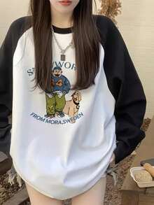 女式宽松休闲百搭卡通人物和狗狗印花撞色插肩袖T恤 - 白色 - 查看 2