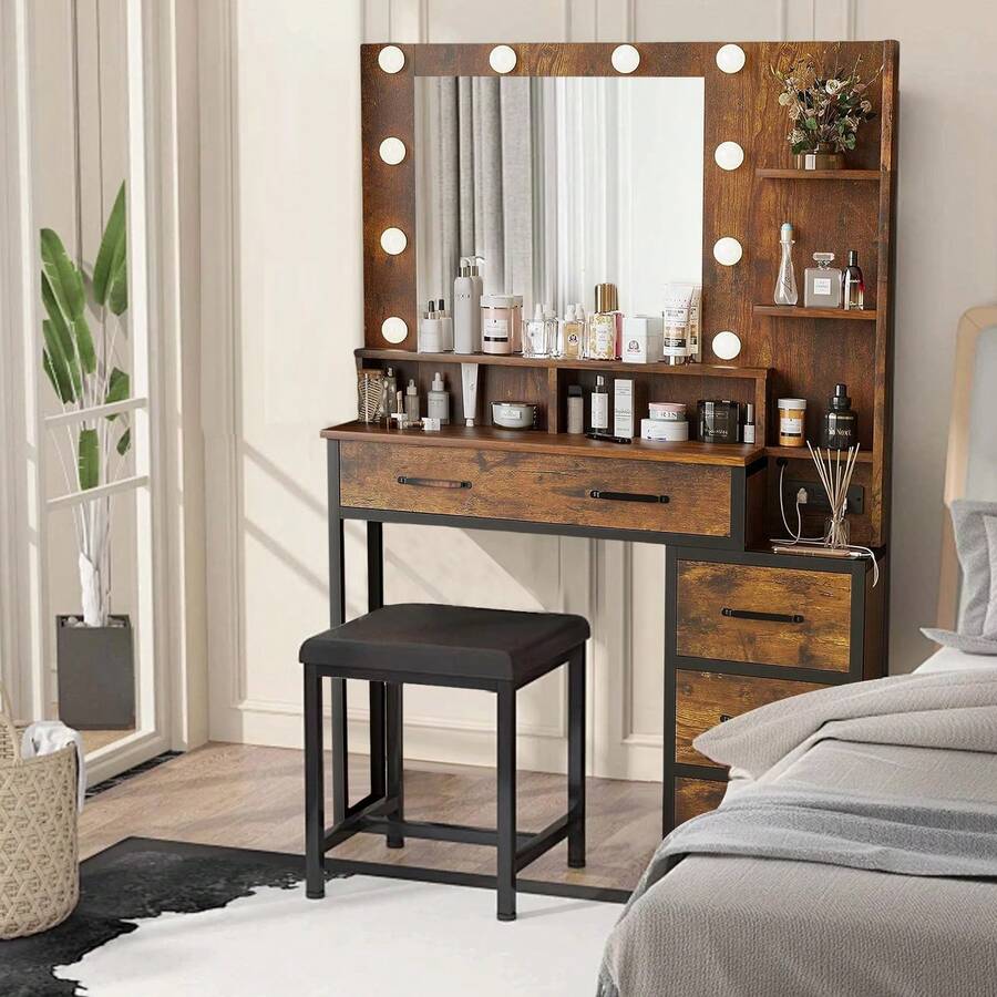 Tocador Con Espejo Y Luces Estación D Carga Madera 92*40*143.5 cm - Granate - Ver 1