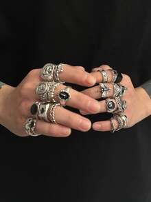 24 件哥特式骷髅吊饰戒指套装，时尚街头嘻哈男士珠宝 - 復古銀色 - 查看 1