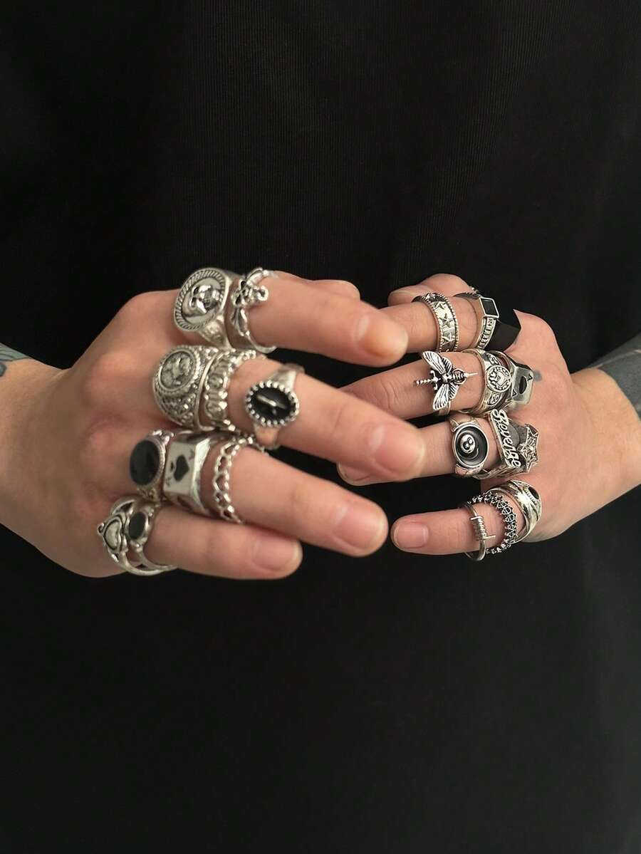 24 件哥特式骷髅吊饰戒指套装，时尚街头嘻哈男士珠宝 - 復古銀色 - 查看 1