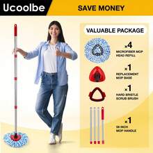 Spin Mop Replacement Head For O Cedar 2 Tank RinseClean, 4 Microfiber Heads, 1 Scrub Brush, 1 Handle, 1 Base, Spin Microfiber Refill With 30" To 58" Mop Replacement Handle - 藍白色 - 查看 3