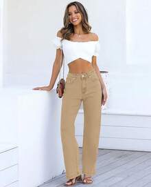 Jeans High Waisted Straight Leg Loose Jeanshalloween - 卡其色 - 查看 10