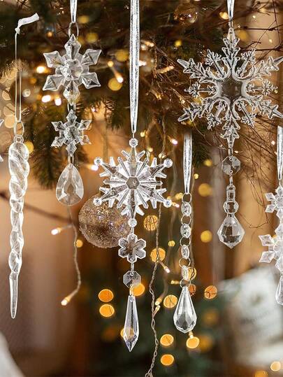 Juego de 18 piezas de adornos contemporáneos de acrílico con diseño de copos de nieve y carámbanos - Decoraciones translúcidas para el árbol de Navidad para festividades navideñas, invernales y de Año Nuevo - Adornos colgantes festivos sin electricidad y sin plumas, adornos de carámbanos de acrílico transparente para el árbol de Navidad