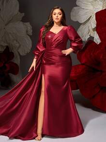 VIPGIRL Plus Size Wine Red Sequin Long Sleeve V-Neck High Slit Evening Gown, Heavy Beaded Formal Maxi Dress For Curvy Women, Slimming Banquet Dress, Luxury Couture Party Gown
