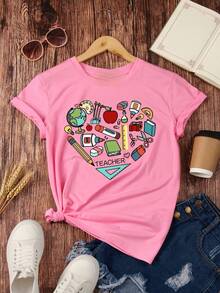 Playera camiseta básica mujer dama cuello redondo manga corta estampado corazón mastra utilies parte superior elástica de poliéster primavera/verano uso diario material no transparente - Rosa - Ver 1