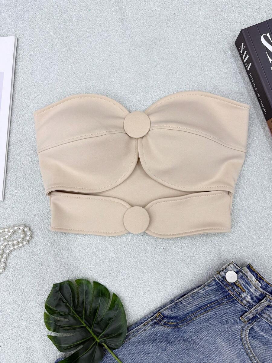 ELLIE Women's Strapless Crop Top With Button Details - 杏色 - 查看 1