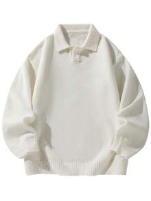 男士休闲纯色落肩毛衣，适合秋冬季节穿着，长袖上衣 - 白色 - 查看 4