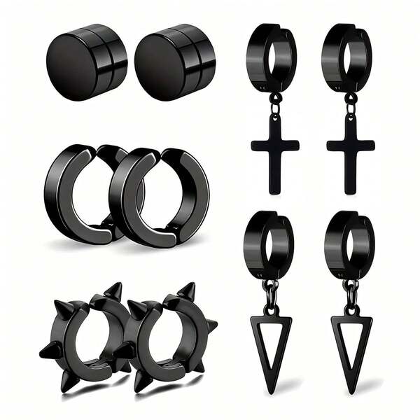 5 Pairs Black Stainless Steel Clip On Hoop Earrings - Non Pierced Spiked Rivet Cross Dangle Tassel For Women Men Unisex