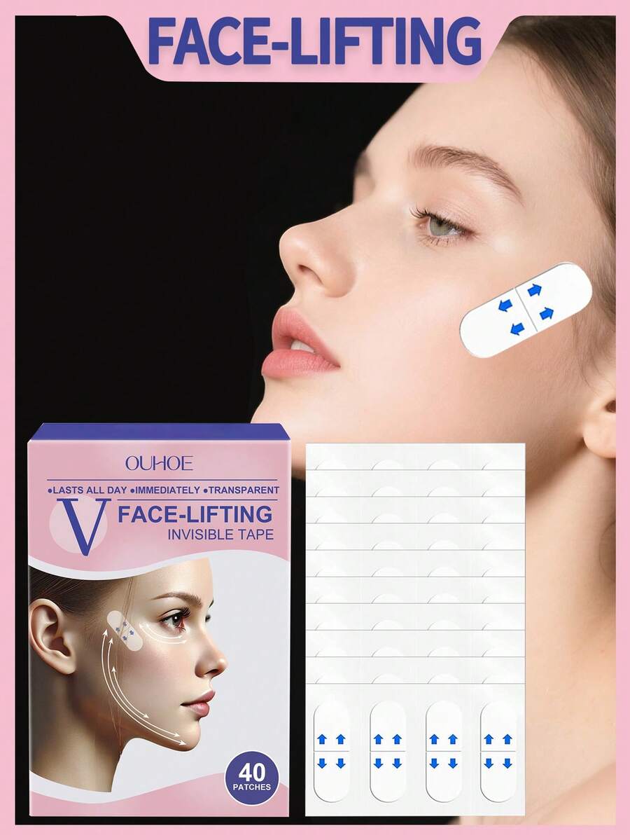OUHOE 40pcs Face Lifting Tape, Invisible Face Lifting Tape, Moisturizing, Revitalizing, Firming, Breathable, Invisible V-Line Chin Lifting And Beautifying Tape, Suitable For Daily Care, Makes Skin Firmer, Improves Sagging, And Enhances Facial Contours. - Baby Pink - View 1