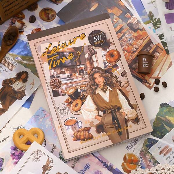 Cozy Time Sticker Book, European & American Style Characters, Landscape, Scrapbooking, Memo Pad, Collage Background Paper Sticker Materials