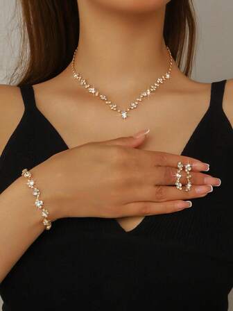 4pcs Elegant & Fashionable Wedding Jewelry Set, Necklace, Earrings, Bracelet, Rhinestone Bridal Wedding Jewelry Set, Suitable For Brides, Bridesmaids, Formal Occasions