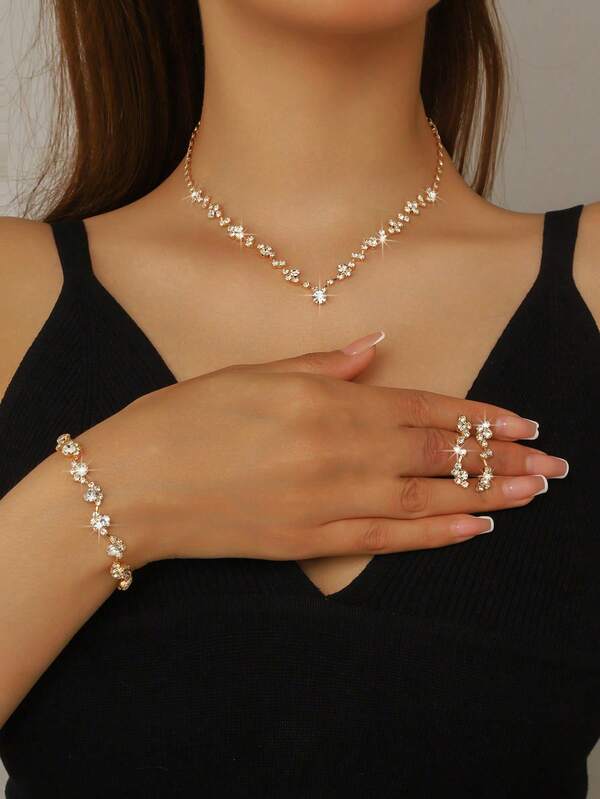 4pcs Elegant & Fashionable Wedding Jewelry Set, Necklace, Earrings, Bracelet, Rhinestone Bridal Wedding Jewelry Set, Suitable For Brides, Bridesmaids, Formal Occasions