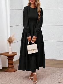 Women's Long Sleeve Maxi Dresses Fall Casual Smocked Trim Neck Swiss Dot Tiered Flowy Wedding Guest Dress - 黑色 - 查看 2