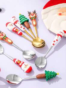 1 set de vaisselle pour fête de Noël, set de cuillère et fourchette en acier inoxydable avec personnages de Noël, 4 pièces de cuillère et fourchette à fruits en acier inoxydable créatives