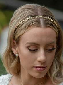 1pc Luxury Rhinestone Leaf Headband, Elegant Bridal Headpiece, Minimalist & Fashionable For Banquet,Wedding Hair Accessories - Gold - View 1
