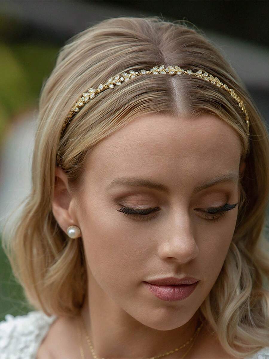 1pc Luxury Rhinestone Leaf Headband, Elegant Bridal Headpiece, Minimalist & Fashionable For Banquet,Wedding Hair Accessories - Gold - View 1