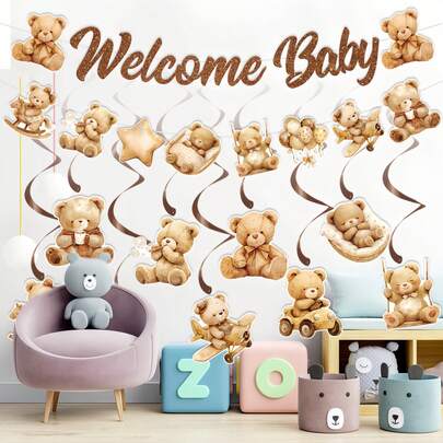 1pc/9pcs/11pcs Cute Cartoon Bear Happy Birthday Decoration Banner, Suitable For Bear Themed Birthday Party DIY Home Decor