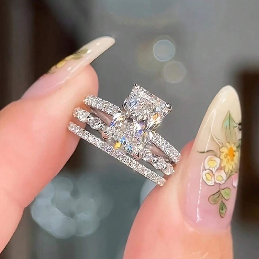 Retro Three-Piece Set, Shiny Stacked Synthetic Zirconia Ring, Bride Engagement, Wedding Anniversary, Birthstone, Couple Ring Set, Valentine's Day And Christmas Gift, High-Quality Jewelry For Women - 銀色 - 查看 1