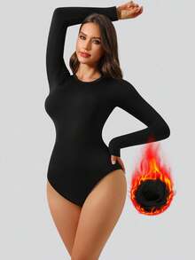 1 pieza Mono de manga larga ajustado con forro térmico y estampado de logo personalizado, otoño/invierno