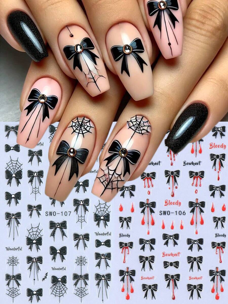 Miếng dán móng tay 5D hình nơ đen và mạng nhện 2 chiếc họa tiết giọt máu Halloween, thiết kế phong cách tối giản thanh lịch tự làm Y2K, thời trang thu đông, làm móng, miếng dán trang trí móng tay, phụ kiện làm móng - Nhiều màu - Xem 1