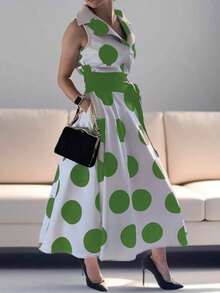 2025 Summer Fall Women's Casual Polka Dots Elegant Birthday Dress Daily A-Line Flare Shirt Dress For Women Party Evening Prom Dresses - 綠色 - 查看 3