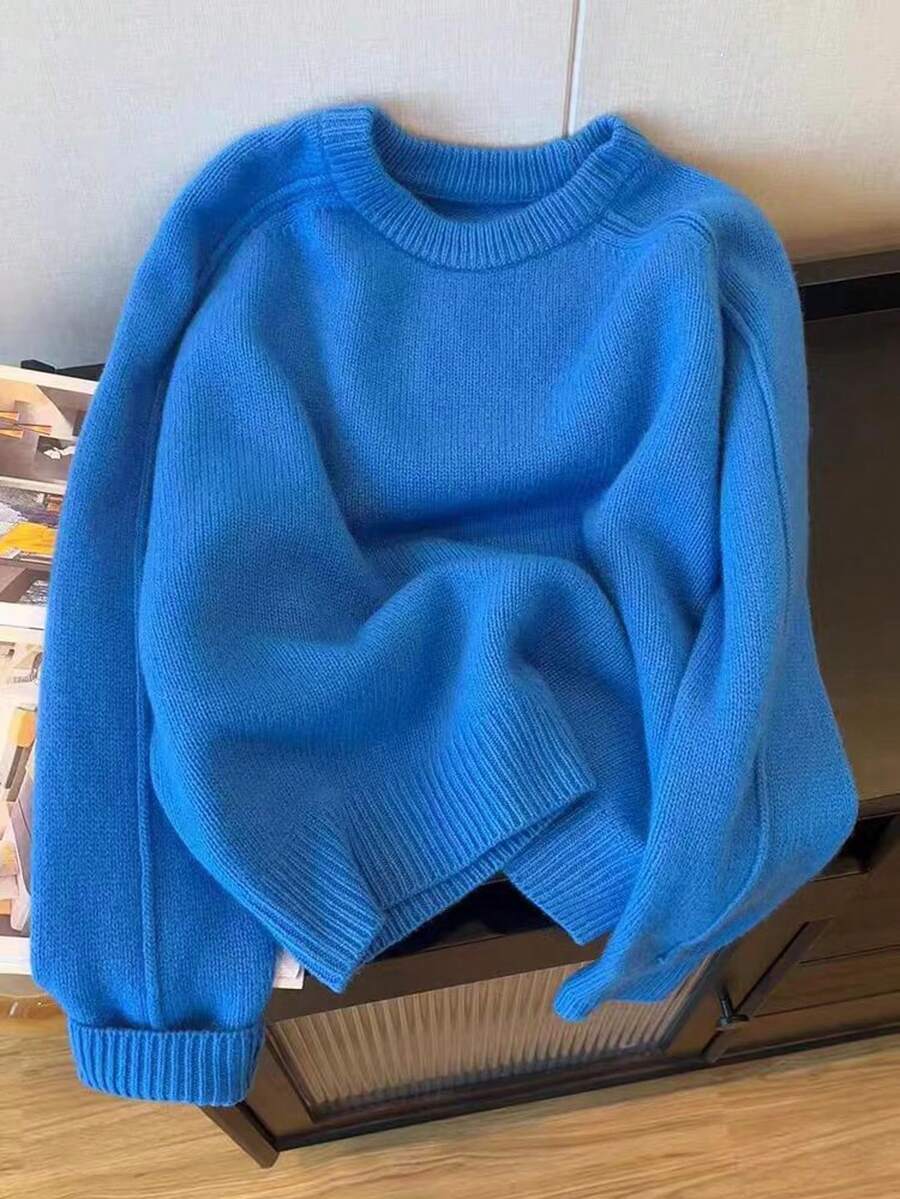 男士宽松圆领插肩袖针织毛衣，休闲秋冬 - 藍色 - 查看 1