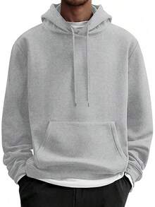 Men Cotton Fleece Hooded Sweatshirt Casual Long Sleeve Hoodies Pullover Fashion Drawstring Hoodie With Kanga Pocket - 淺灰色 - 查看 1