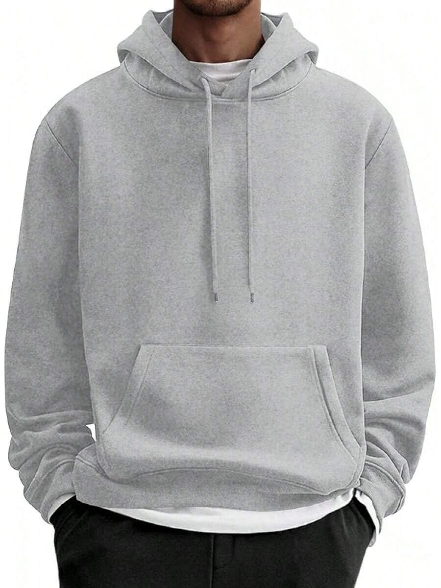 Men Cotton Fleece Hooded Sweatshirt Casual Long Sleeve Hoodies Pullover Fashion Drawstring Hoodie With Kanga Pocket - 淺灰色 - 查看 1