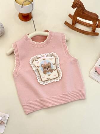 WUHUANG YIYI Girls Cute Cartoon Bear Heart Lace Decor Knit Vest, Loose And Versatile For Outerwear, Spring
