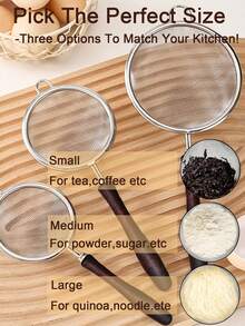 1 Stück Siebset mit Griff für die Küche, feines Edelstahl-Mesh 304 mit Holzgriff, vielseitiger Küchensieb, feines Mesh-Sieb, Metallsieb, Colander, Edelstahl-Siebkelle, multifunktionales Küchengerät, silberner Colander-Löffel für die Küche, ideal für Tee, Kaffee, Mehlsieb, Reis, Pastasieb, Saft, Kochen und Backen