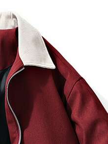 1pc Men's Fashionable Burgundy Jacket With Contrast Collar Design, Eye-Catching Zipper And Large Pockets, Crisp Fabric, Suitable For Young Men's Casual Outings, Street Wear And Neighborhoods To Showcase Personal Style