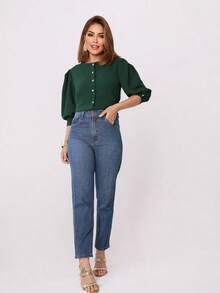 Smile Fashion   camisa feminina manga 3/4 com botao abrir tecido duna