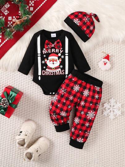 BrownBark Set da 3 pezzi per bambini piccoli, outfit autunnale natalizio, composto da: maglietta a maniche lunghe con stampa di Babbo Natale + pantaloni con stampa di fiocchi di neve + cappello, set versatile da 3 pezzi, adatto per le feste di Natale