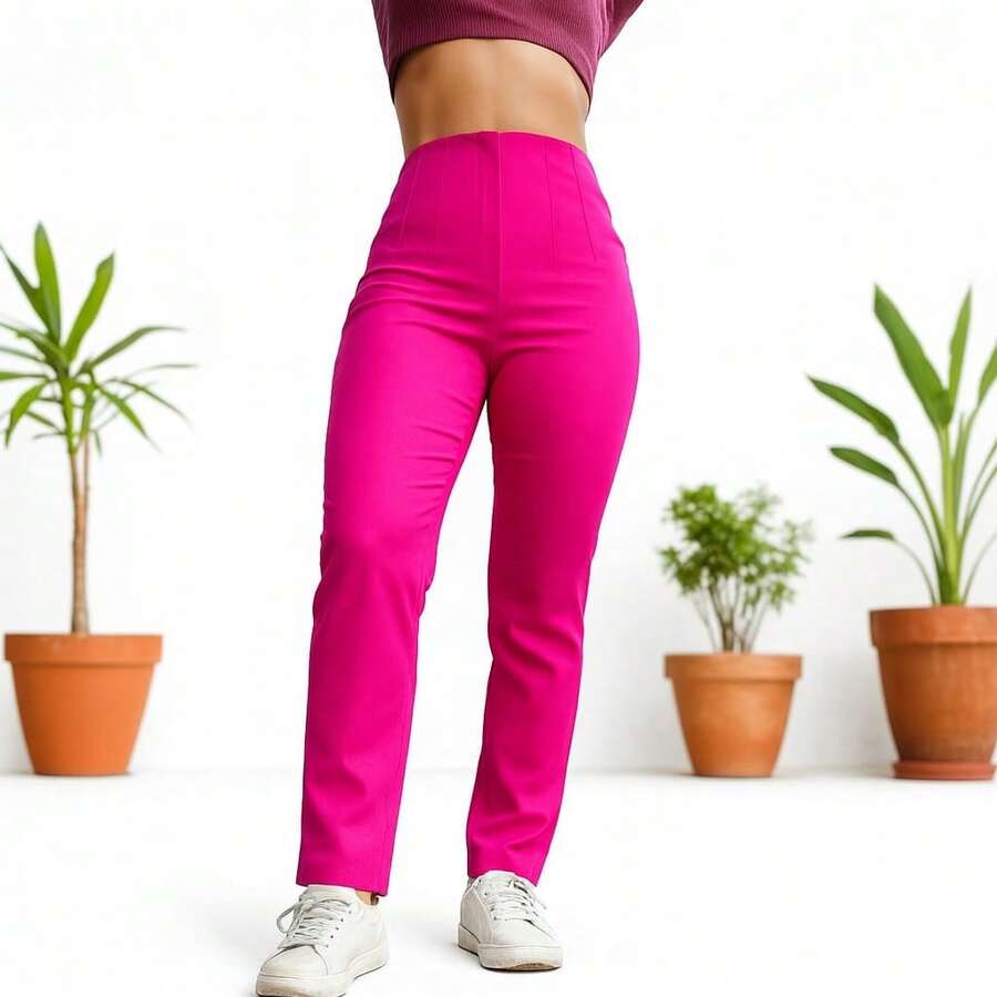 Stretch Pleated Trousers For Women - Hot Pink - View 1
