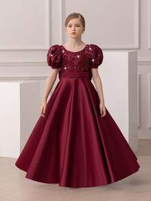 少女圣诞节优雅亮片露背 V 领泡泡袖公主裙，适合女孩生日派对、婚礼、花童、舞会、节日场合 - 酒紅色 - 查看 6