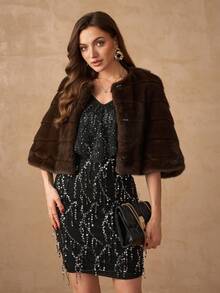 女士优雅短款人造毛皮斗篷大衣，纯色，秋冬 - 棕色 - 查看 7