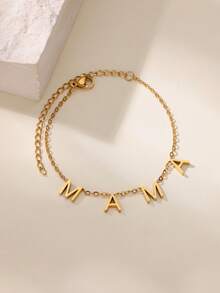 1 件精致简约 MAMA 字母吊坠项链、手链和脚链女士不锈钢锁骨链项链时尚珠宝母亲节礼物 - 金黃色 - 查看 11