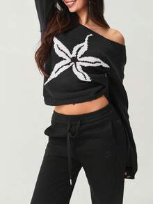 Women's Off Shoulder Knit Sweater Long Sleeve Knit Tops Vintage Knit Sweater Maple Print Knit Sweater Ribbed Knit Sweater Fall Winter Streetwear - Grå - Visa 5