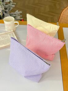 Cute Striped Pattern Makeup Handbag Large Capacity Stationery Bag Macaron Color Striped Pencil Case Portable Handheld Makeup Storage Bag Travel Organizer - Multicolor - View 5
